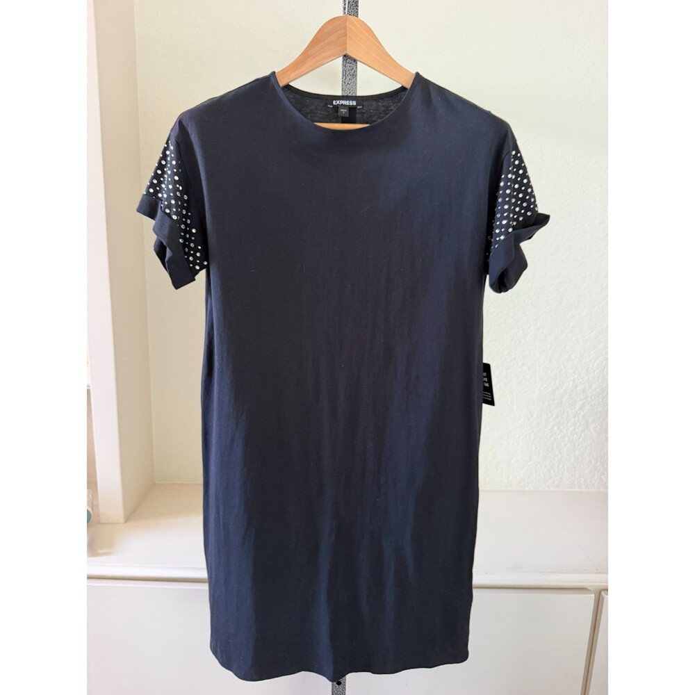 Express Knit Dress NEW Womens S Black BLING Shift Short Sleeve Rhinestones TBC